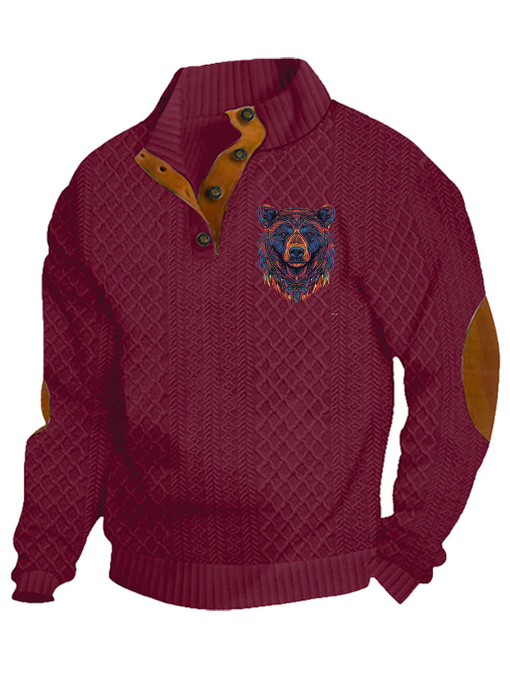 Men's Heritage Textured Pullover with Stand-up Collar Faux Leather Trim Elbow Patches and Half-button Placket