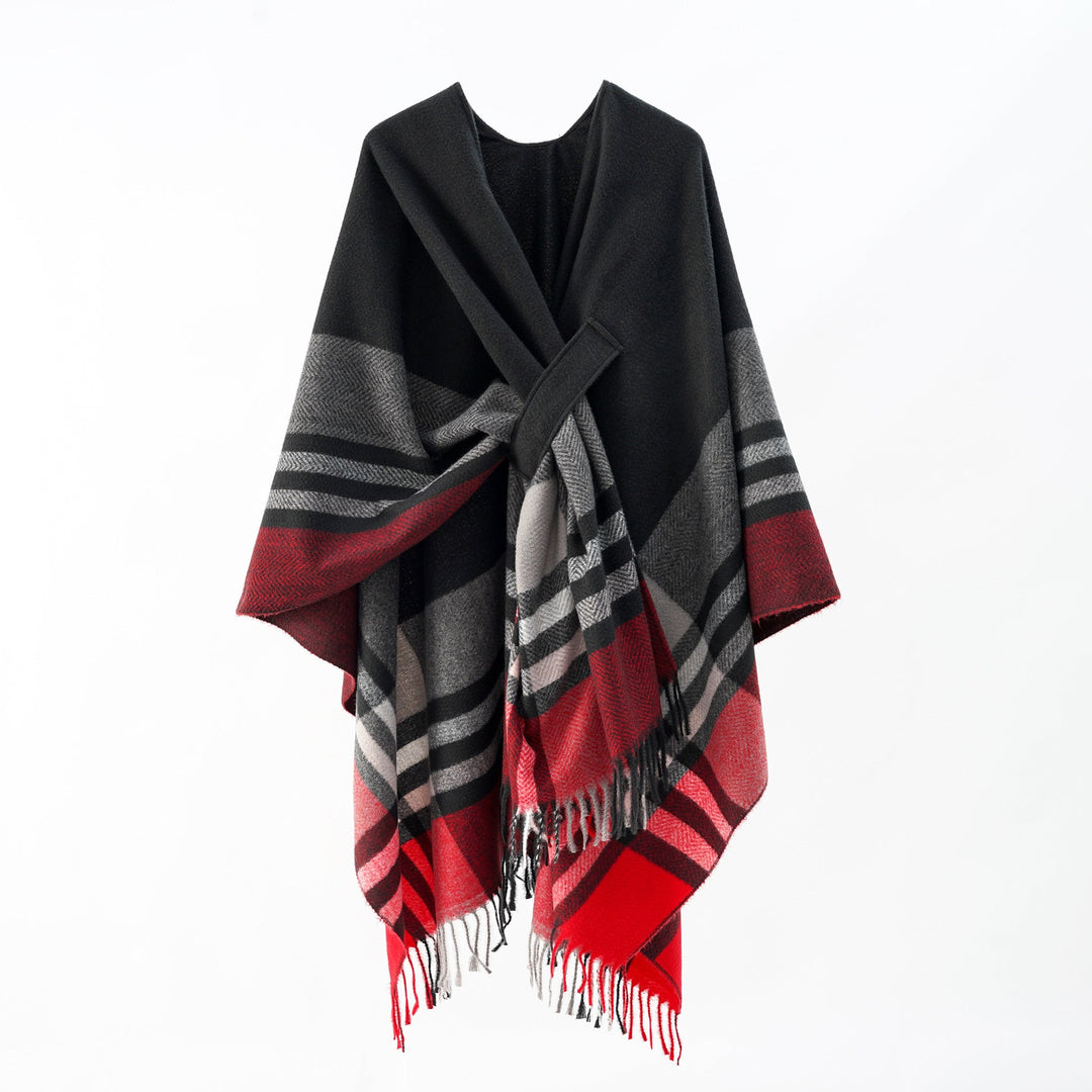 Women's Cape Wrap made of Wool Blend with Tie Belt and Check Pattern