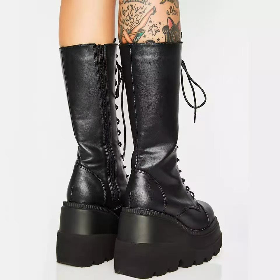 Women's High-Quality Lace-Up Boots with Platform Heel and Side Zipper