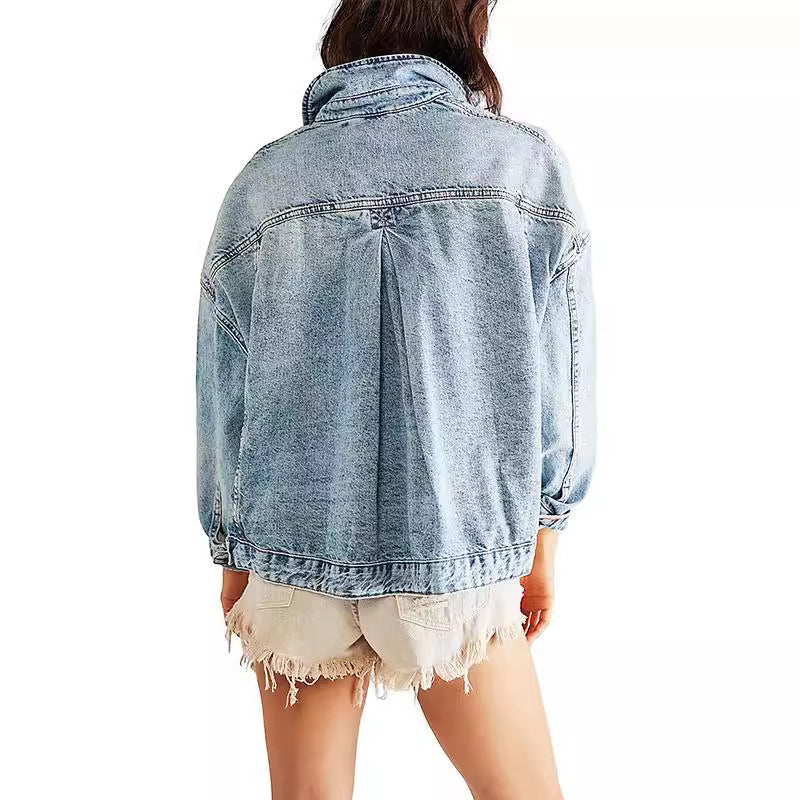Women's Casual Denim Jacket in Oversized Style with Decorative Fringes