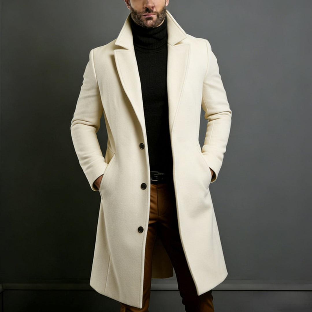 Men's Elegant Single-Breasted Long Coat made of Wool Blend with Slim Silhouette and Lapel Collar