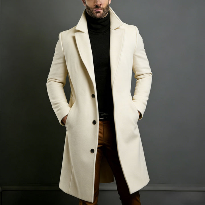 Men's Elegant Single-Breasted Long Coat made of Wool Blend with Slim Silhouette and Lapel Collar