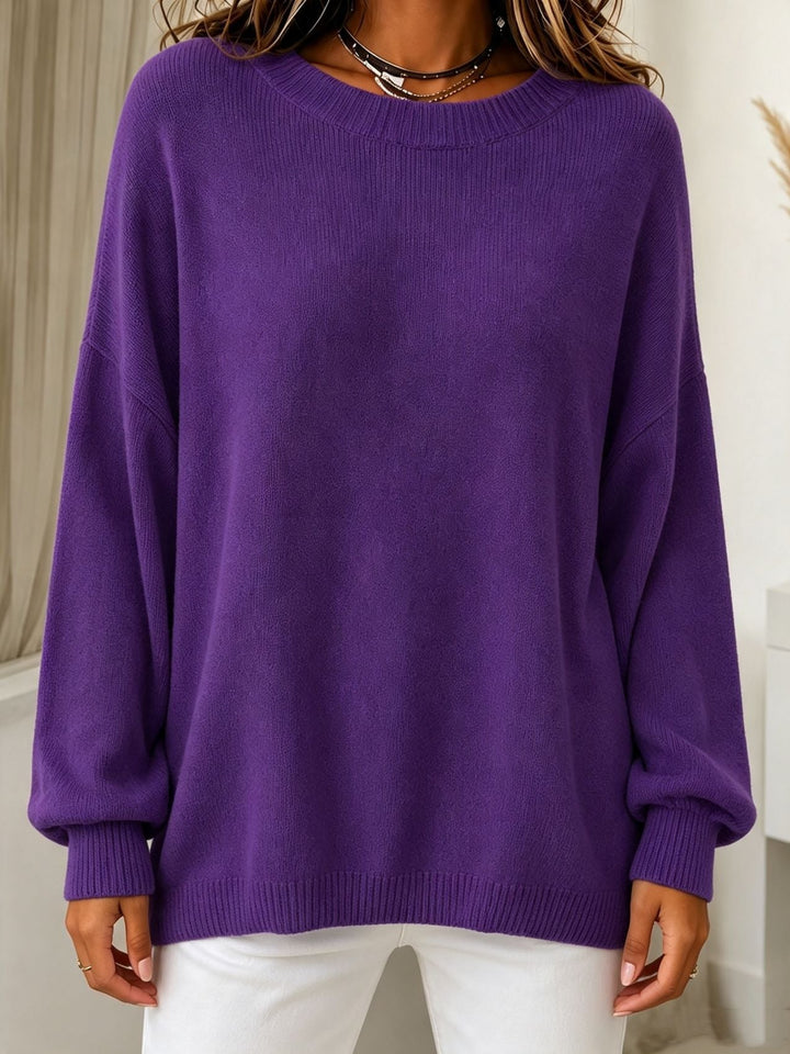 Women Light Cashmere-Touch Sweater with Round Neck, Dropped Shoulder and Ribbed Cuffs