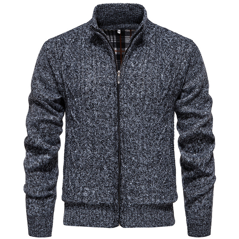 Men's Chunky Knit Cardigan with Cable Pattern, Stand-up Collar and Checked Inner Lining