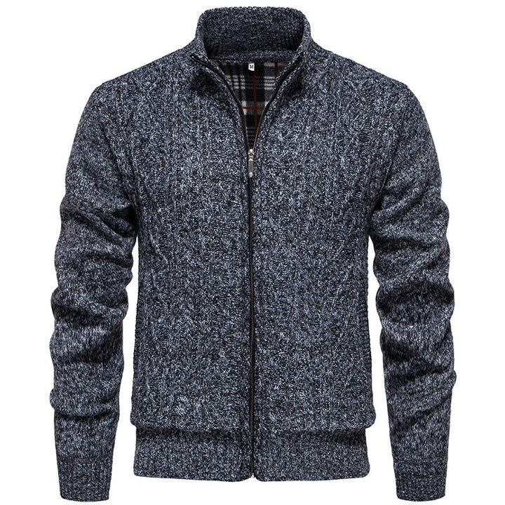 Men's Chunky Knit Cardigan with Cable Pattern, Stand-up Collar and Checked Inner Lining