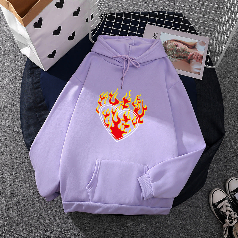 Women Light Oversized Hoodie with Heart EKG Motif, Long Cords and Elastic Cuff