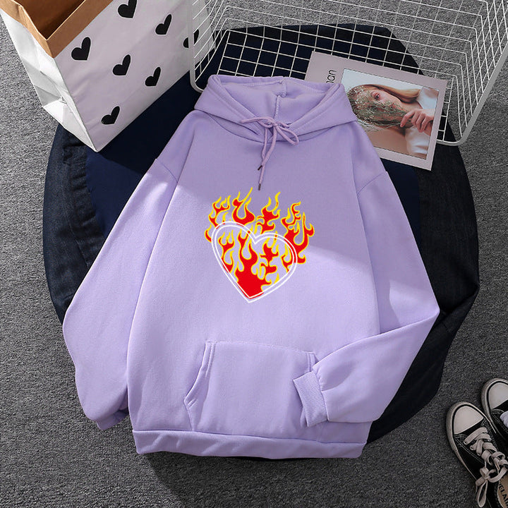 Women Light Oversized Hoodie with Heart EKG Motif, Long Cords and Elastic Cuff
