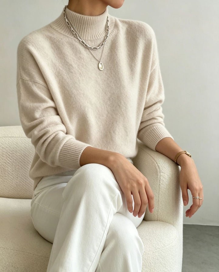 Women's Cozy Fine-knit Pullover with Stand-up Collar and Drop Shoulder