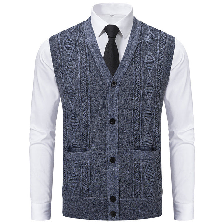 Men's V-neck Knitted Vest with Cable Pattern, Continuous Button Placket and Patch Pockets