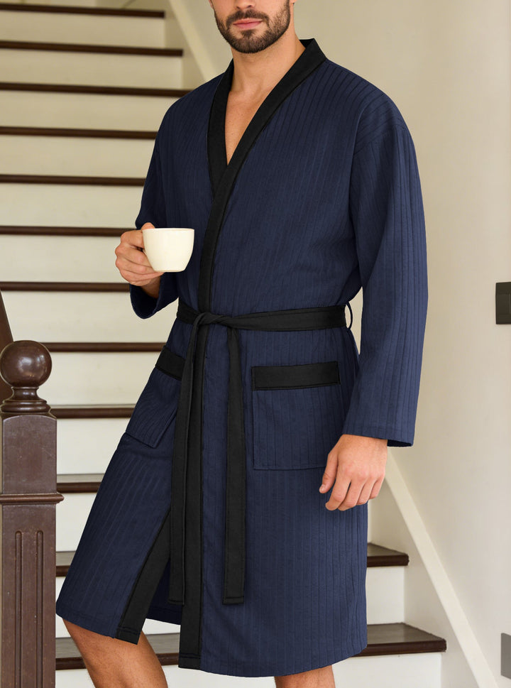 Men's Lightweight Cotton Kimono Bathrobe with Waffle Texture and Patch Pockets