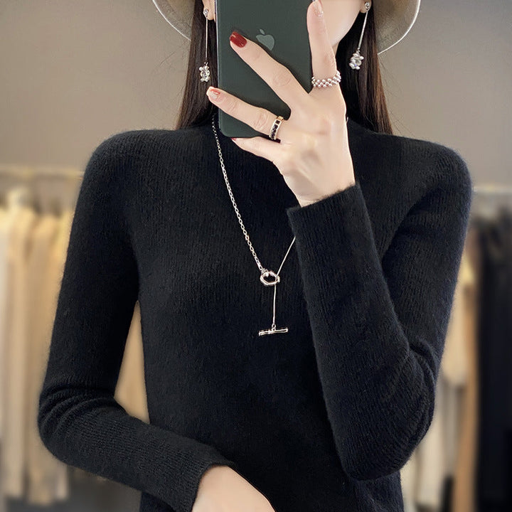 Women's Slim Fine Knit Mock Neck Sweater made of Fine Angora Blend