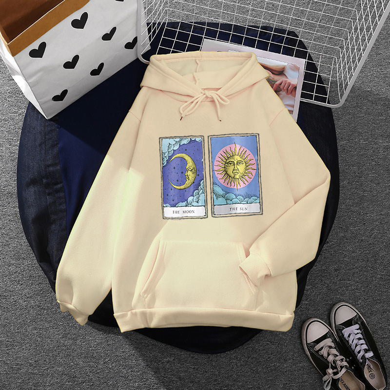 Women Light Oversized Hoodie with Heart EKG Motif, Long Cords and Elastic Cuff