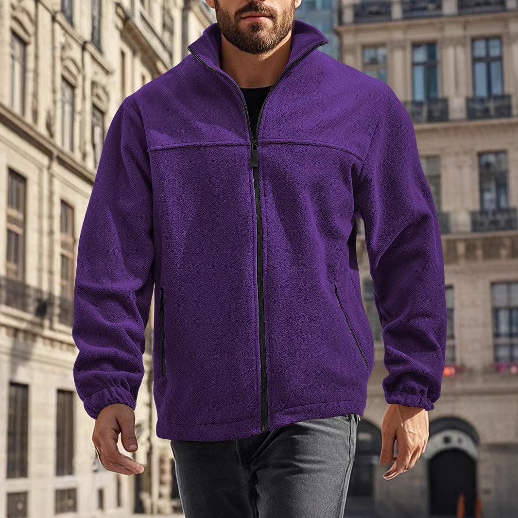 Men's Fleece Jacket with Zipper, Stand-up Collar and Zip Pockets