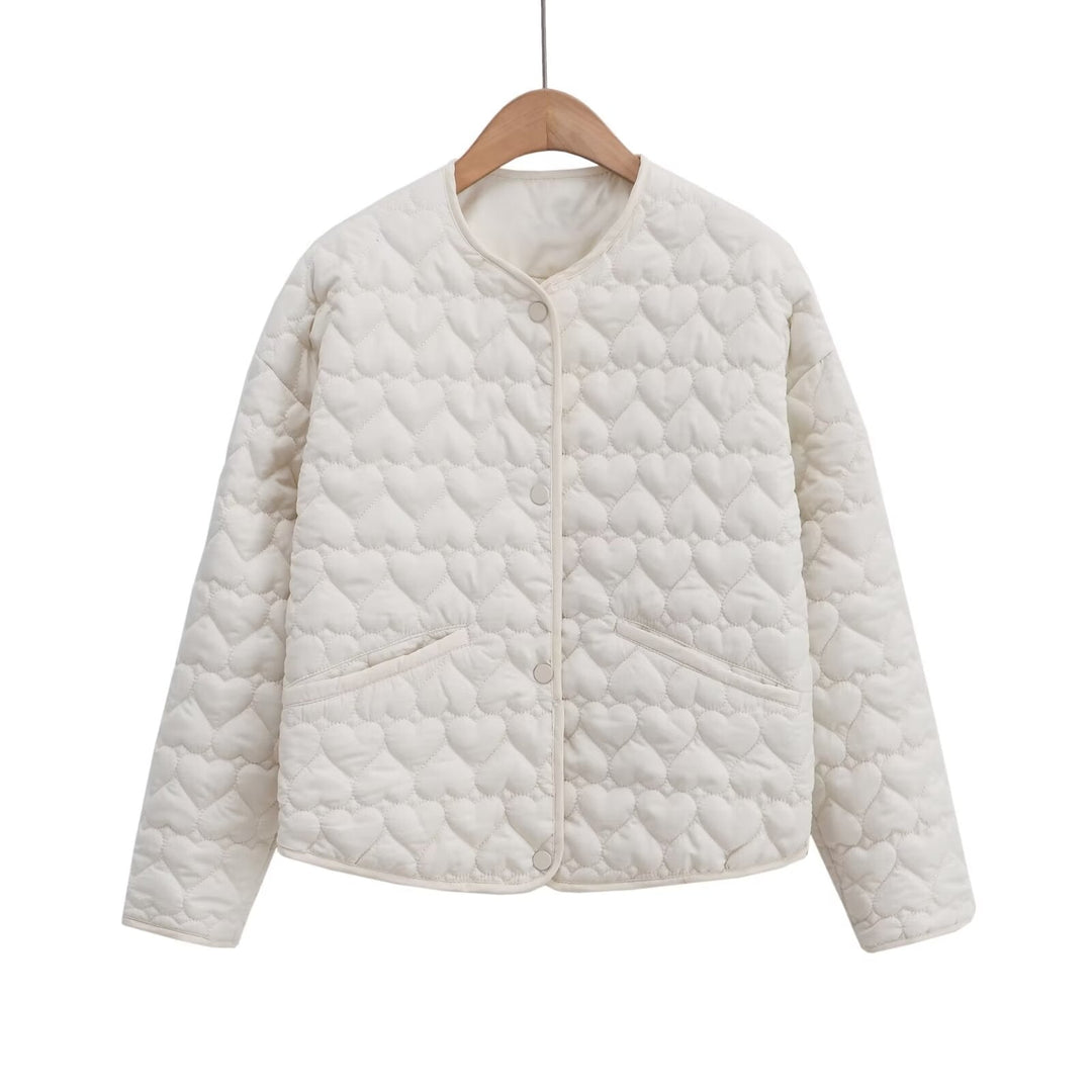 Women Quilted Short Jacket with Heart Quilting, Round Neckline and Snap Buttons