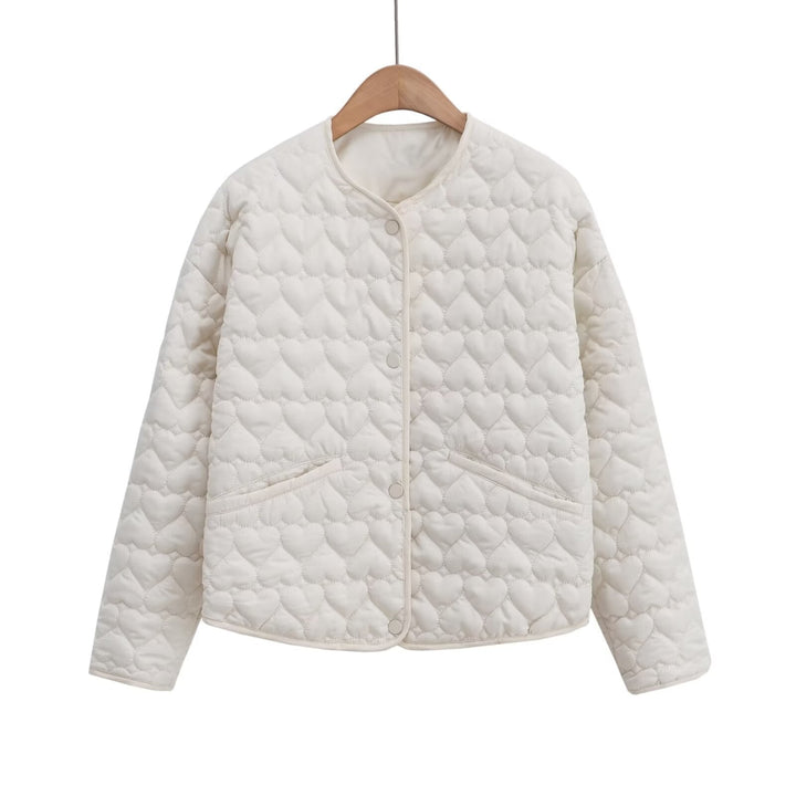 Women Quilted Short Jacket with Heart Quilting, Round Neckline and Snap Buttons