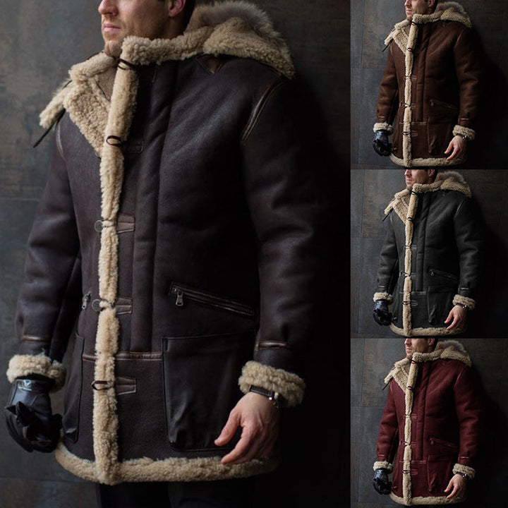 Men's Sheepskin Coat with Hood and Practical Pockets