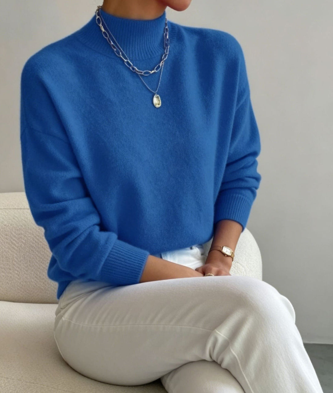Women's Cozy Fine-knit Pullover with Stand-up Collar and Drop Shoulder