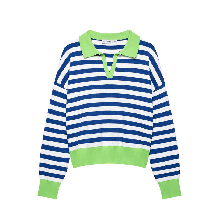 Women's Striped Cropped Polo Sweater in Fine Knit with Balloon Sleeves