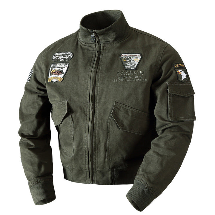 Men's Canvas Pilot Blouson in Military Look with Stand-Up Collar, Utility Pockets, and Patch Applications