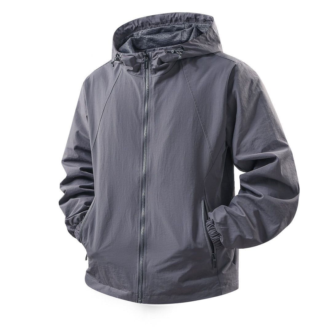Men's Lightweight Breathable Hooded Windbreaker with Mesh Lining and Zipper Pockets