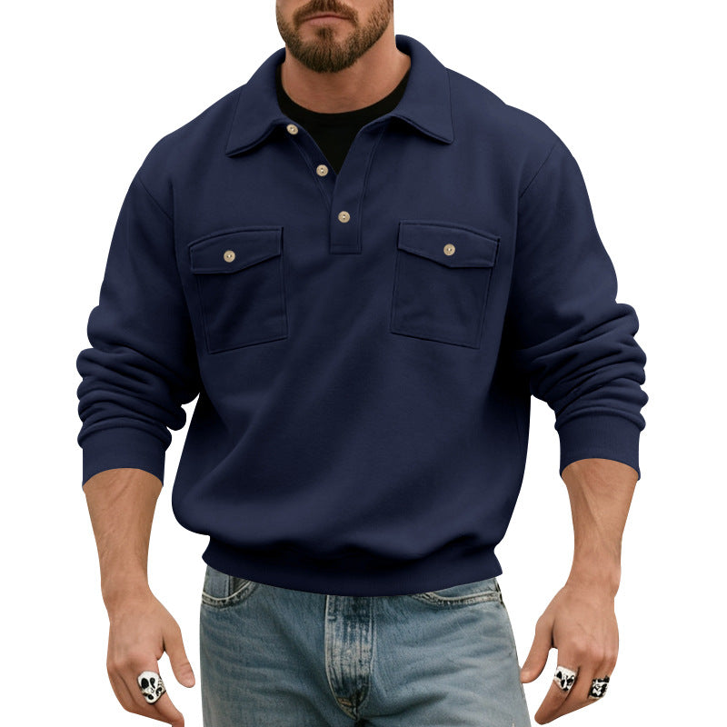 Men's Polo Collar Sweatshirt with Patch Chest Pockets and Ribbed Cuffs