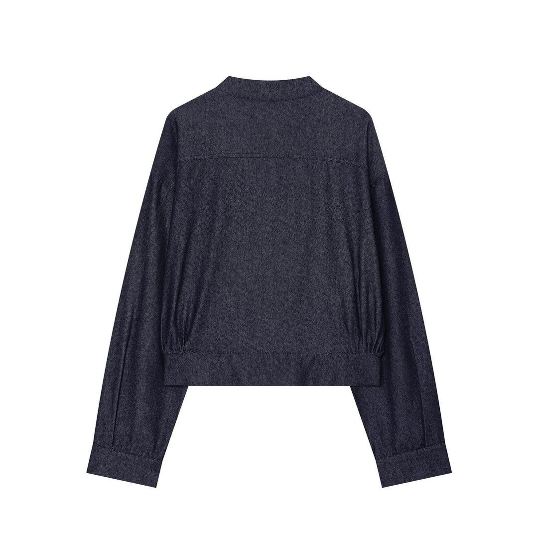Women Cropped Denim Jacket with Stand Collar and Chinese Toggle Closures