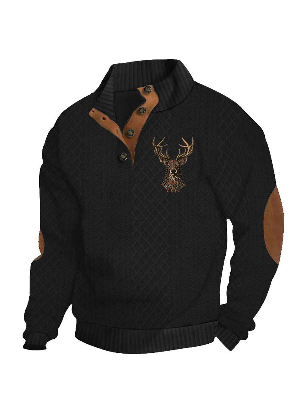Men's Heritage Textured Pullover with Stand-up Collar Faux Leather Trim Elbow Patches and Half-button Placket