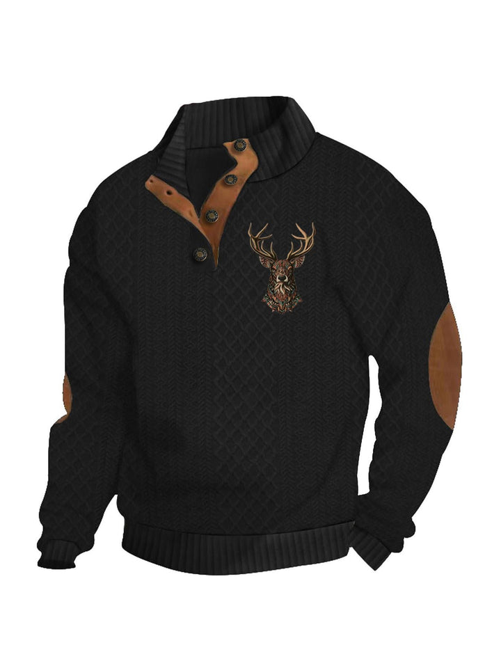 Men's Heritage Textured Pullover with Stand-up Collar Faux Leather Trim Elbow Patches and Half-button Placket