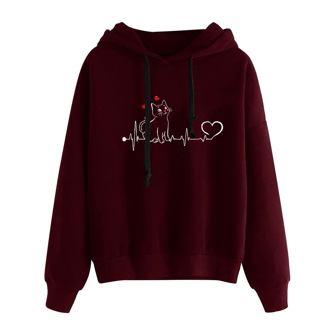 Women Light Oversized Hoodie with Heart EKG Motif, Long Cords and Elastic Cuff