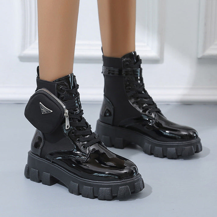 Women's Lace-up Mid-calf Boot in Utility Style with Detachable Mini Pouch and Platform Profile Sole