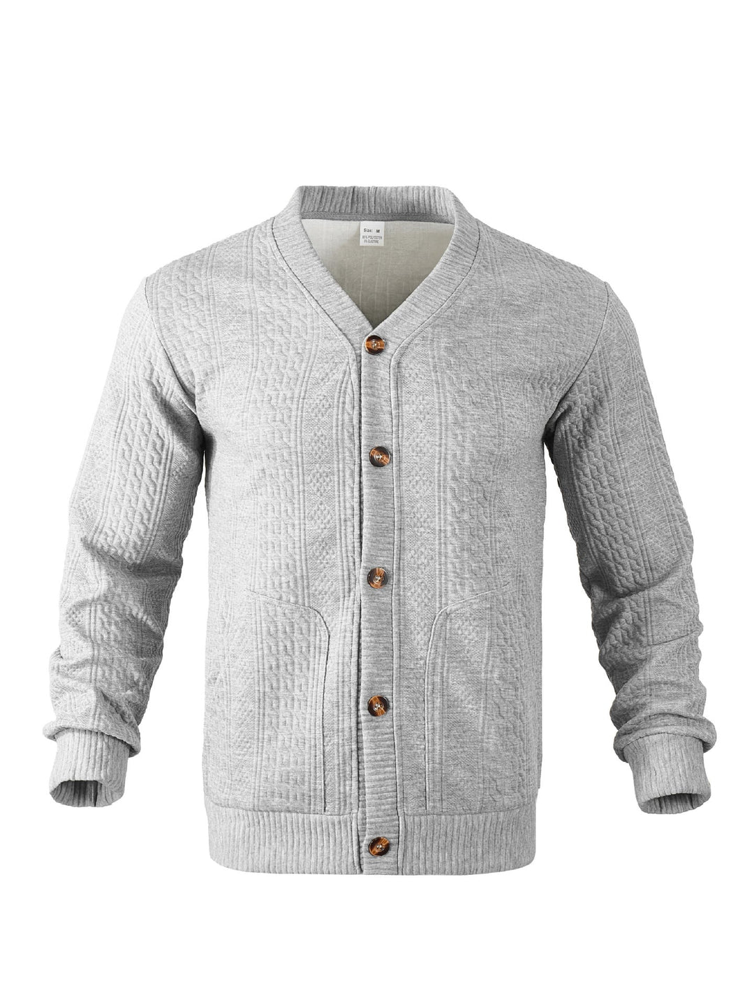 Men's Elegant Braided Knit Cardigan with V-neck Button Placket and Patch Pockets