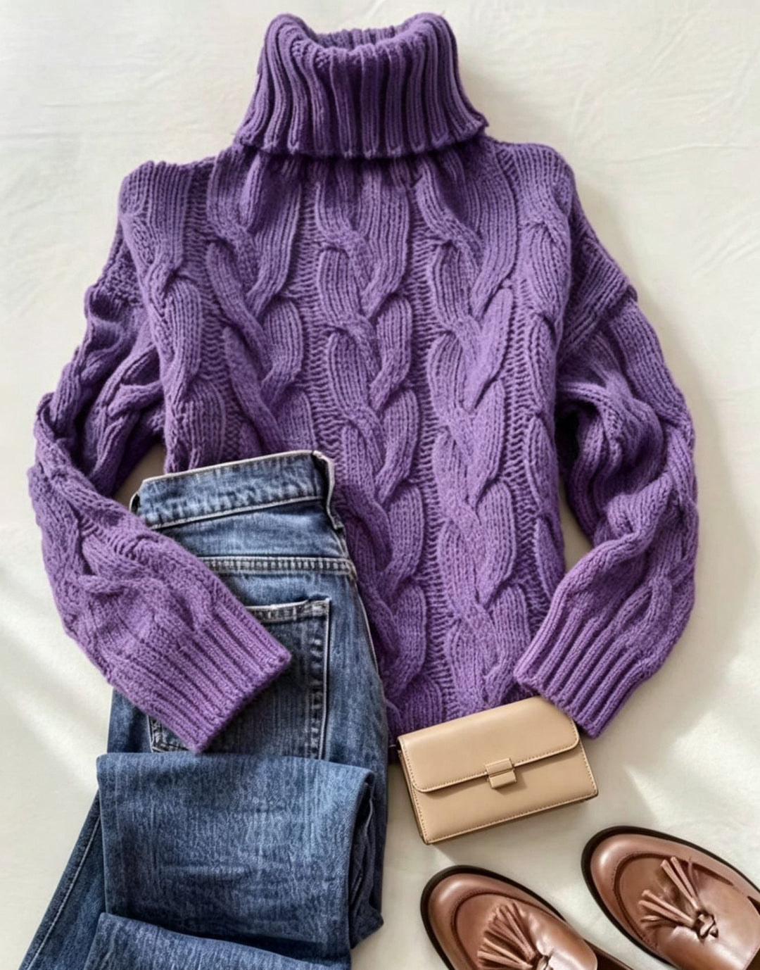 Women's Chunky Knit Turtleneck Sweater with Distinctive Cable Patterns and Ribbed Cuffs