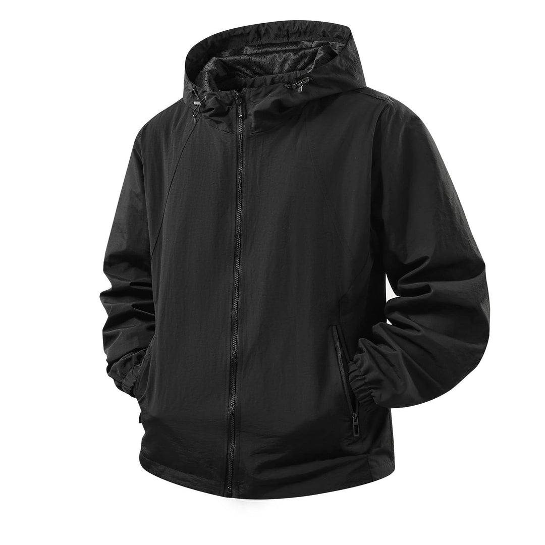 Men's Lightweight Breathable Hooded Windbreaker with Mesh Lining and Zipper Pockets