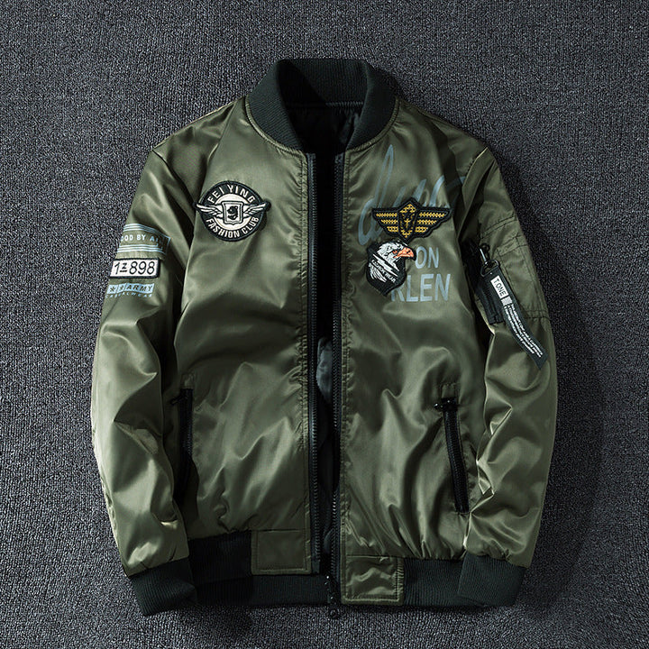 Men's Patch-detail Glossy Flight Bomber with Ribbed Trims