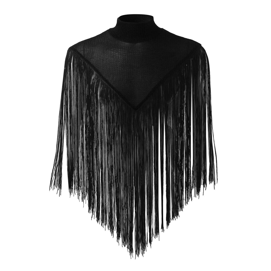 Women's Long Fringed Cape with Turtleneck and V-shaped Insert