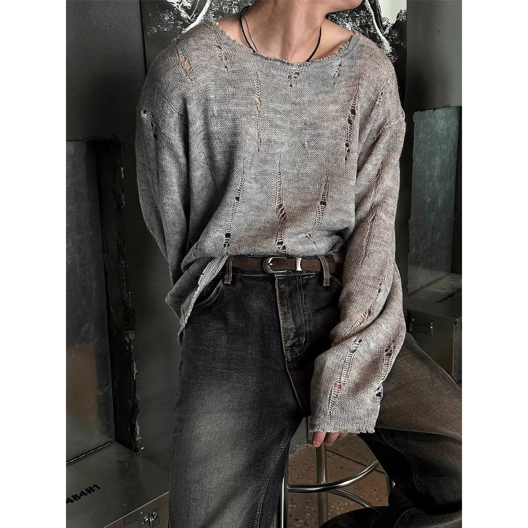 Men's Casual, Oversized Knit Sweater with Distressed Details