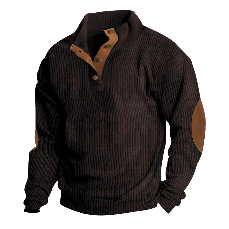 Men's Ribbed Henley Sweater with Stand Collar, Button Placket & Leather Elbow Patches