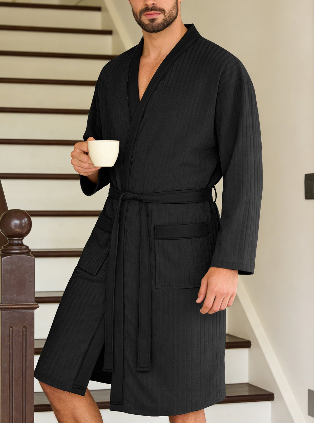 Men's Lightweight Cotton Kimono Bathrobe with Waffle Texture and Patch Pockets