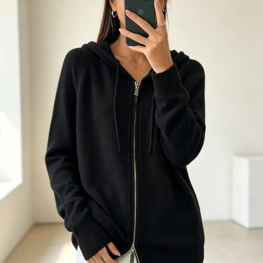 Women's Hooded Cardigan with Zipper, Fine Knit and Ribbed Cuffs