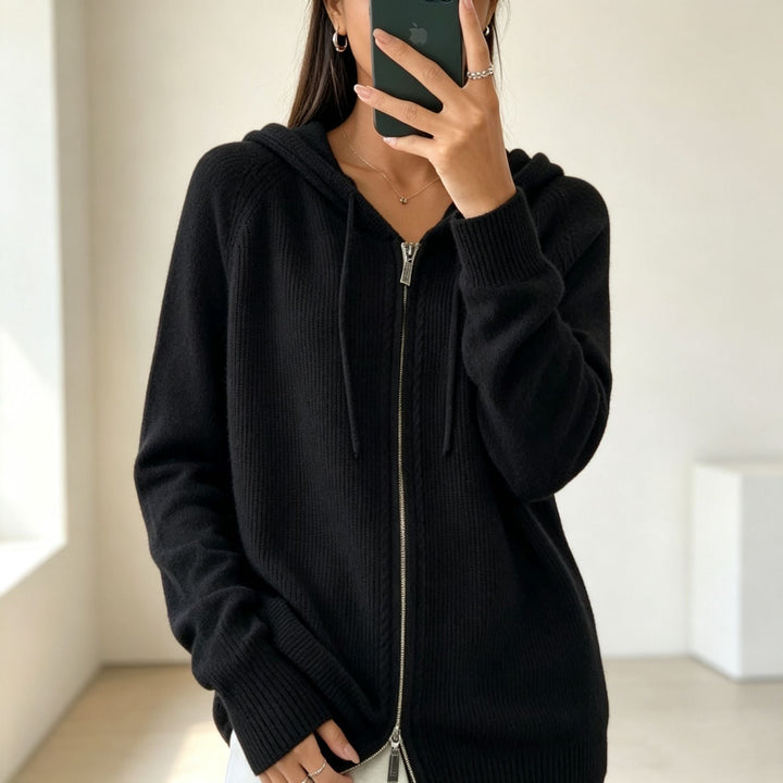 Women's Hooded Cardigan with Zipper, Fine Knit and Ribbed Cuffs
