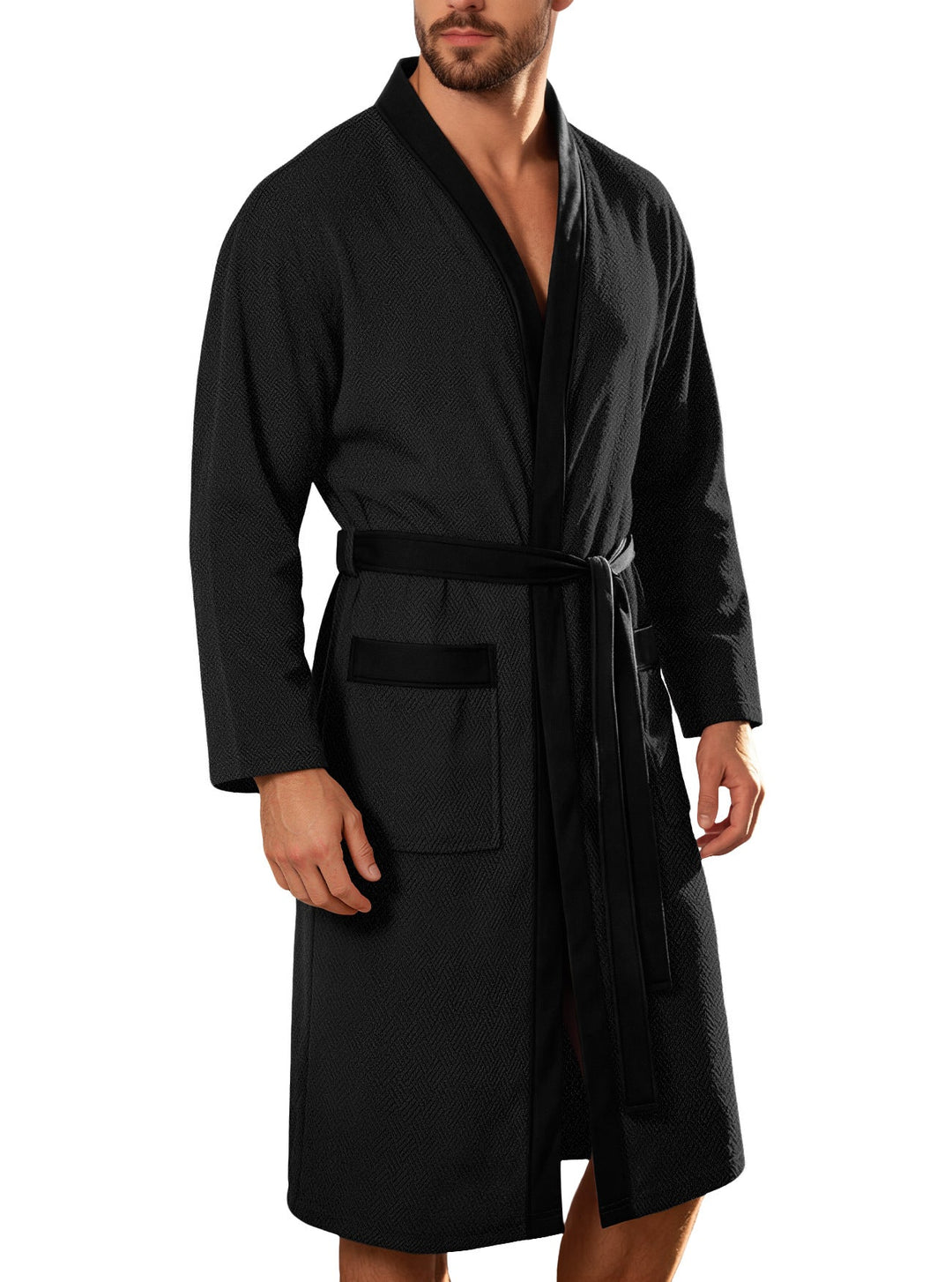 Men's Lightweight Cotton Kimono Bathrobe with Waffle Texture and Patch Pockets