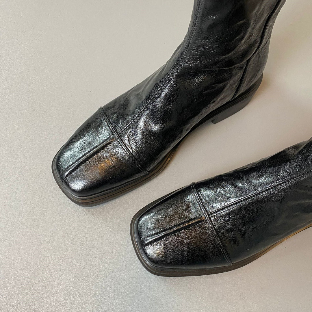 Women's Leather Boots with Square Toe and Patterned Rubber Sole