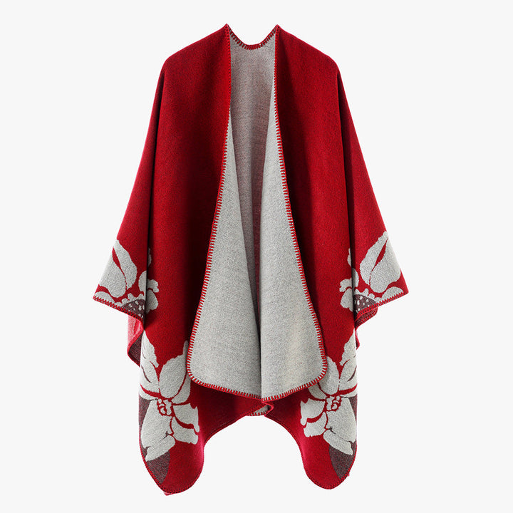 Women's Reversible Wool Blend Cape with Floral Jacquard and Open Draping