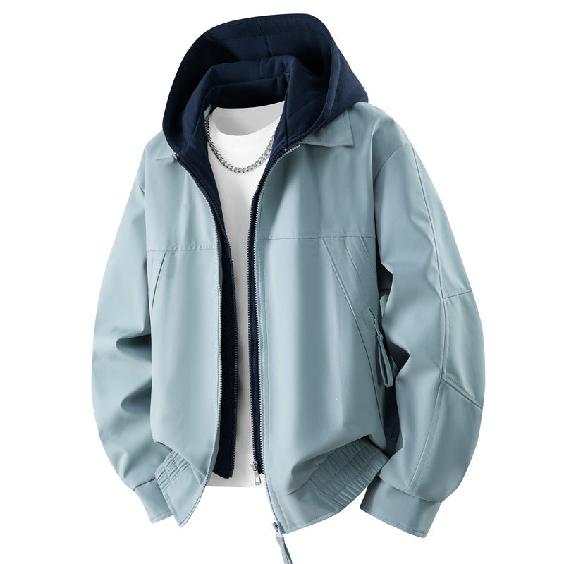 Men's Casual Layered Bomber Jacket with Integrated Hooded Inner Jacket, Two-Way Zipper & Elastic Hem