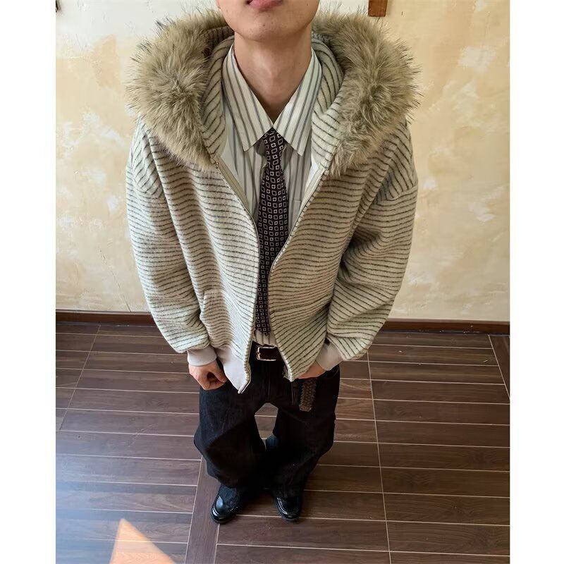 Men's Fashionable Hooded Jacket with Faux Fur Collar
