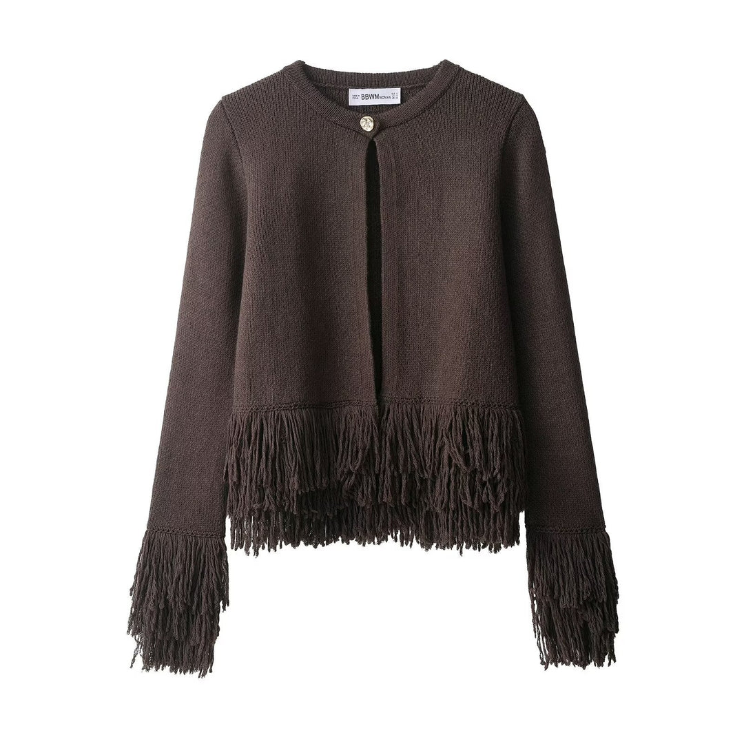 Women's Knitted Cropped Cardigan with Fringe Trim and Round Neck