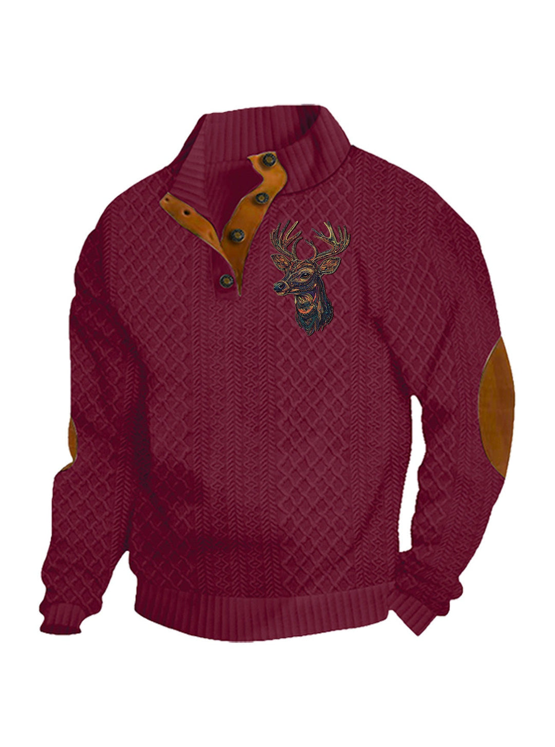 Men's Heritage Textured Pullover with Stand-up Collar Faux Leather Trim Elbow Patches and Half-button Placket