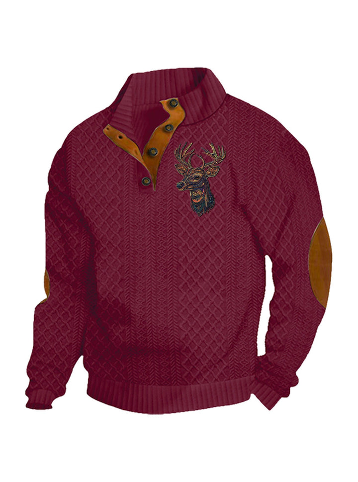 Men's Heritage Textured Pullover with Stand-up Collar Faux Leather Trim Elbow Patches and Half-button Placket
