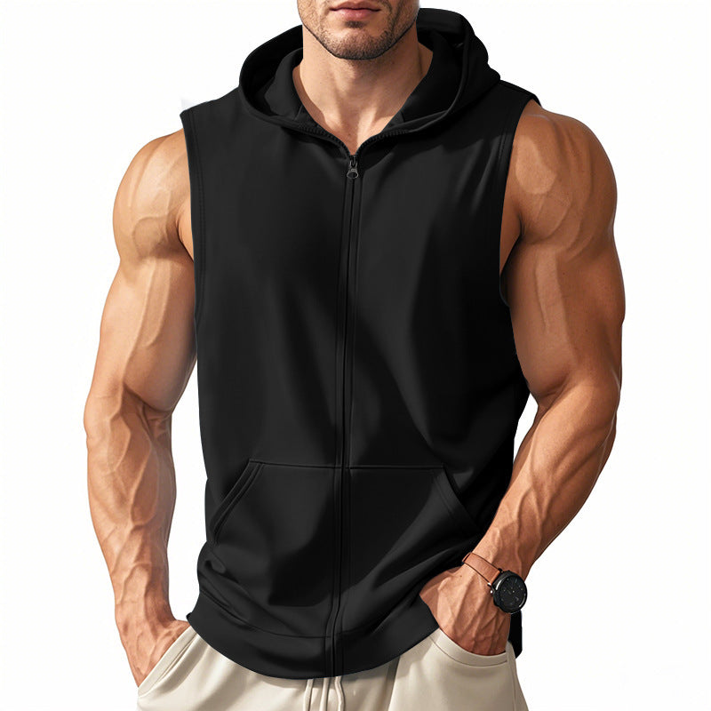 Men's Sleeveless Zip Hooded Vest with Kangaroo Pocket and Athletic Cut