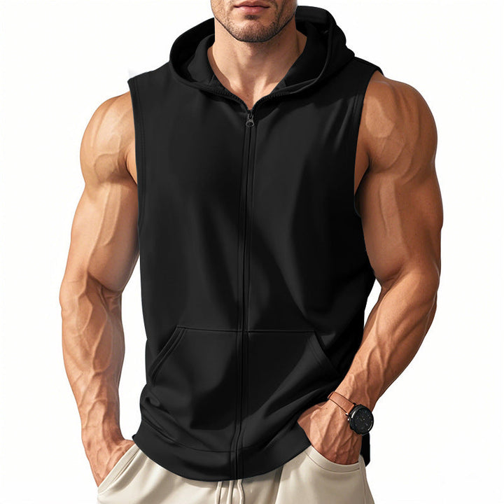 Men's Sleeveless Zip Hooded Vest with Kangaroo Pocket and Athletic Cut